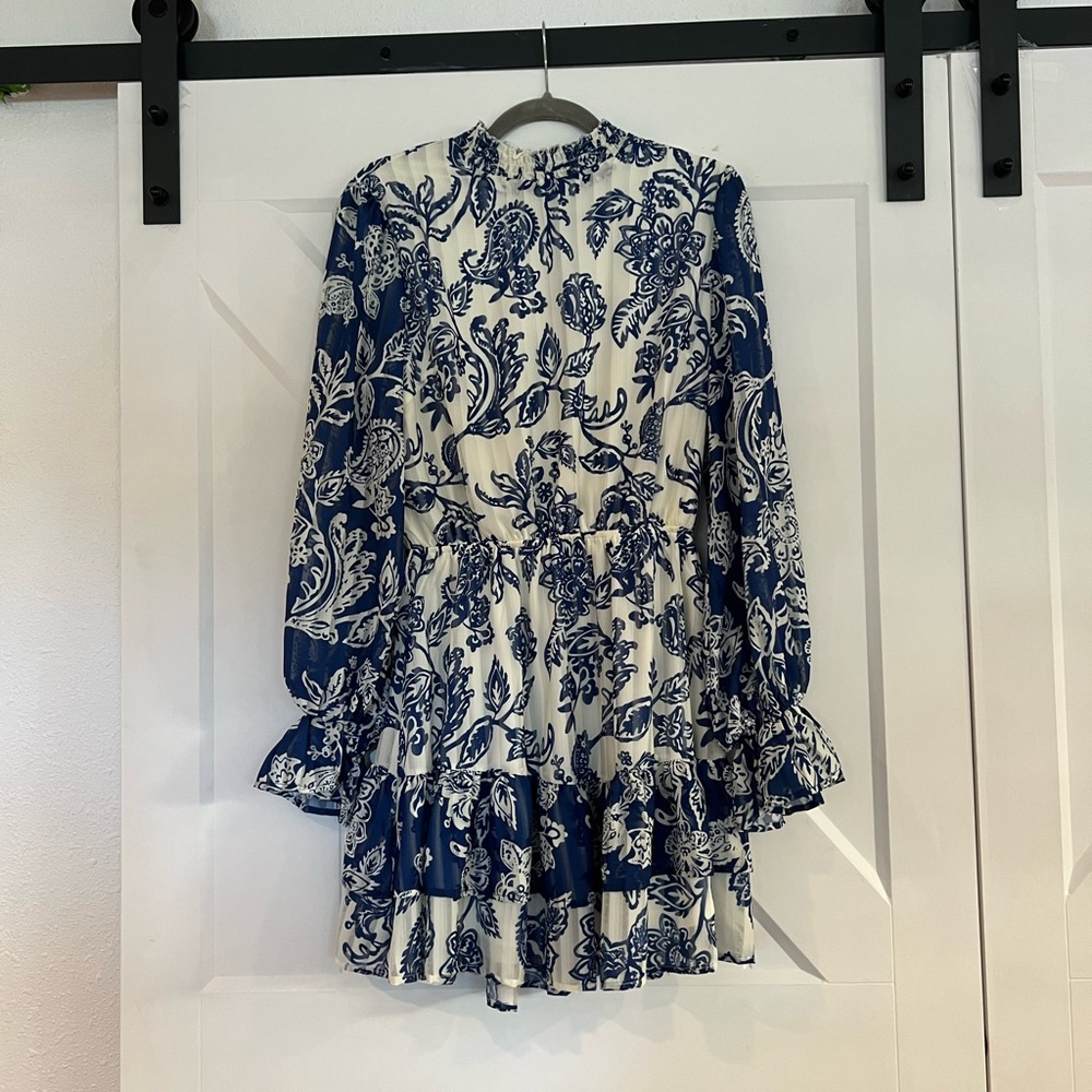A. Calin by flying tomato blue and white long sleeve dress with ruffles